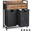 Mondeer Cesto portabiancheria a 2 sezioni con 2 cassetti, 100 l, con ruote, estraibile, borsa portabiancheria rimovibile, marrone rustico e nero