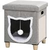 PawHut Casetta per Gatti con Tiragraffi, Cuscino e Pallina, in Legno e Poliestere, 35.5x35.5x42.5 cm, Crema e Grigio | Aosom Italy