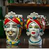 CERAMICHE CALTAGIRONE Teste di Moro in ceramica siciliana decoro carretto l. 13 x h. 20 cm