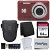 PHOTO4LESS Fotocamera digitale Kodak PIXPRO FZ55 (rosso) + custodia nera per fotocamera + scheda di memoria SD Transcend da 64 GB + portafoglio per schede di memoria Tri-fold + lettore di schede SD USB ad alta