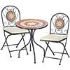 BAKAJI Set Tavolo Tavolino 60 x 70 cm + 2 Sedie Pieghevoli con Decorazione Mosaico Arredo Esterno Giardino Terrazzo Struttura in Metallo Colore Nero Decoro in Terracotta con Cuscino (Design 1)
