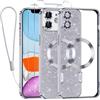 Kokio Glitter Magnetica Cover per iPhone 11 con Cordino, Compatibile con MagSafe, Brillantini Sottile Silicone TPU Antiurto Custodia per iPhone 11 con 2 Vetro Temperato Bumper, Argento