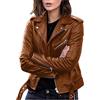 Generic Giacca in pelle da donna, corta, in similpelle, leggera, slim fit, giacca da motociclista, moderna, con colletto rovesciato, giacca da donna per le mezze stagioni, marrone, XXXXL