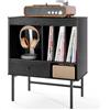FANTASK Mobile in vinile moderno in legno, supporto per giradischi con supporto per album, scomparti aperti e cassetto, per soggiorno e sala musica, 70 x 36 x 80 cm (nero)