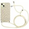 Coalbooliy Custodia con Cordino per iPhone 13 6,1 Morbido TPU Bumper Cover del Modello Bianco Leopardato con Laccio Collana Silicone Antiurto Case Regolabile Cellulare Girocollo, 04