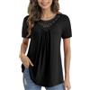 NLAND T-Shirt da Donna Scollo Rotondo Maglietta Manica Corta Eleganti Estive Basic Tshirt con Pizzo e Pieghe Casual Tunica Top(Nero,L)