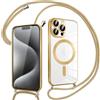 Pnakqil Magnetica Cover con Cordino per iPhone 15 Pro Max, Compatibile con Magsafe Ricarica Wireless, Placcatura Disegno Custodia con Collana con Regolabile Laccio Tracolla, Oro