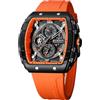 FORSINING Orologio da polso da uomo, alla moda, analogico, al quarzo, rettangolare, grande quadrante, cinturino in silicone, impermeabile, militare, calendario, data, arancio, militare