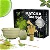 YUJUVI Matcha - Set da tè giapponese, 6 pezzi, ciotola in bambù, cucchiaio, supporto cucchiaio