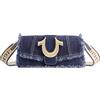 True Religion Borsa a tracolla da donna, in denim sfilacciato, mini patta, con logo a ferro di cavallo, denim