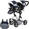 Bayer Design 26281AA carrozzina gemellare per bambole Twin Neo con borsa, passeggino doppia, regolabile in altezza, pieghevole