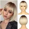 Sapphirewigs Parrucca bionda a caschetto da donna, con frangia, radici scure, capelli corti a caschetto per feste quotidiane, aspetto naturale, 30,5 cm