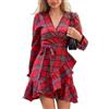 CUPSHE Abito autunnale scozzese rosso da donna con scollo a V e polsino a volant lungo manica blouson avvolgente con cravatta laterale mini abiti autunnali casual, Rosso, S