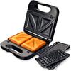 Grunkel - Sandwich con piastre intercambiabili (2 panini tagliati, grill e 2 waffle). Superficie antiscivolo e antiaderente di 850 W di potenza e tocco freddo. Colore: acciaio inossidabile.