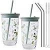 WANDGU Bicchieri in vetro con coperchio e cannuccia: set da 2 tazze da caffè ermetiche e impermeabili, con 2 cannucce + spazzola, lavabili in lavastoviglie, per cappuccino, latte, tè (verde)
