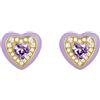 Zayka Jewelry Orecchini donna cuore a bottone piccoli in argento 925 placcati oro giallo 18K con pietre cubic zirconia e smalto viola