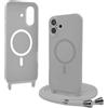 Bigcousin Magnetica Cover con Cordino per iPhone 16 Plus,[Compatibile con MagSafe], Cover in Silicone, Regolabile Cordino da Collo Nylon Catena Collana Tracolla,Grigio chiaro