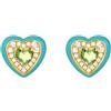 Zayka Jewelry Orecchini donna cuore a bottone piccoli in argento 925 placcati oro giallo 18K con pietre cubic zirconia verdi e smalto azzurro