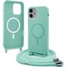 Bigcousin Magnetica Cover con Cordino per iPhone 12 Mini,[Compatibile con MagSafe], Cover in Silicone, Regolabile Cordino da Collo Nylon Catena Collana Tracolla,Verde menta