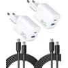 INIU Caricatore USB C da 30 W, confezione da 2, [USB-C + USB-A] alimentatore multiplo con cavo USB-C, PD 3.0, adattatore USB C per iPhone 16 15 Pro Max, iPad Pro, Samsung S24 Ultra, telefono cellulare