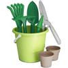 Secchiello giardino con accessori - 4 colori: secchiello verde chiaro, paletta, picozza, piantatoio, rastrello verde, forbici grigie, vasetti marroni
