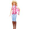 Barbie malibu, bambola bionda con outifit e accessori da equitazione inclusi