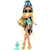 MONSTER HIGH - CLEO DE NILE, BAMBOLA CON CAMICETTA DORATA E GONNA A STRATI, CUCCIOLO DI COBRA HISSETTE E ACCESSORI