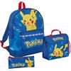 Pokémon Set da 3 pezzi con zaino Pokemon + borsa per il pranzo + astuccio, motivo: Pikachu, Blu, Zaino