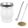 SVUPUE Tazza Mate, con cucchiaio di cannuccia e spazzola per la pulizia, set da tè Mate in acciaio inossidabile adatto per tè Mate, caffè, latte e succhi, 8 once, bianco
