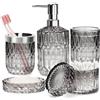 YIK TUNG Set di accessori da bagno, 5 pezzi, set di decorazioni da bagno in vetro, include dispenser per sapone, portasapone, portaspazzolino, bicchiere e barattolo, regalo vintage (sfumato nero e trasparente)