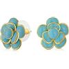 Bling Jewelry Orecchini a bottone in stile retrò primaverile con fiore 3D a rosa smaltato blu turchese simulato per donne con orecchie forate in ottone placcato oro 14K