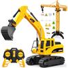 HappyGoLucky 1:24 Escavatore Telecomandato per Bambini 3-9 Anni, Escavatore Giocattolo RC 2.4GHz con Gru e Barriere Stradali, Luci LED, Camion Giocattolo da Costruzione - Regali Natale Bambini