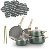 KASANOVA Batteria pentole Cooking Therapy, Set pentole induzione e padelle antiaderenti con paletta, Set cucina completo con scritta al laser e manici effetto legno (12 Pezzi)