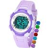 Juboos Orologio Bambina,con Cinturino Stampato e 7 Luci Colorate,Orologio Digitale Impermeabile per Bambini con Orecchie da Gatto per Ragazzo e Ragazza da 4 a 12 Anni (Viola Bianco)