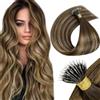 LaaVoo Extension Capelli Veri Nano Balayage Marrone Scuro Mix Biondo Caramello Extension Nano Ring Capelli Lisci Remy Estensione Dei Capelli Nano Invisible 45cm 50g 50ciocche #4/27/4
