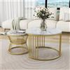 PD1 Set di 2 Tavolini da Salotto Moderni a Incastro, in MDF con Finitura Effetto Marmo e Struttura Metallica Dorata, 70x70x47 cm e 45x45x40 cm, Bianco