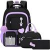 Amythe Zaino Scuola Elementare Bambina 3 Pezzi, Set Zaini Ragazza Set 7-12 anni con Sacchetto per Pranzo e Astuccio per Matite, Viola Nero