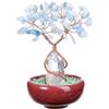 Jovivi Albero della Vita Soprammobile in Pietra Naturale con Bacchetta di Cristallo Feng Shui Albero Portafortuna Torre Cristallo Curavito Guarigione Vaso Ceramica Decorazione Interni - Acquamarina