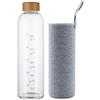 sunkey Borraccia 1 litro in Vetro Borosilicato per Acqua Riutilizzabile con Tappo e Custodia senza Bpa per sport, palestra, viaggi (Grigio)