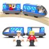 DxxD Trenino Elettrico per Bambini, Trenino Legno Giocattolo, Treno Intercity con Figure per Ferrovia, Locomotiva ad Azione a Batteria, Auto Giocattolo Compatibile con Thomas, Brio, Età 3+ Anni, Blu