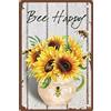 CREATCABIN Ape Felice Targa in Metallo Girasole Vaso Fiori Decorazione Parete Poster Artistico Vintage Ferro Dipinto Targa retrò per Casa Camera Soggiorno Giardino Cortile Interni Esterni 30x20cm