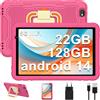 JUEDUR Tablet bambini 10 pollici Android 14 tablets, Octa-Core, 22 + 128GB (TF 1TB), Controllo Parentale, 8000mAH, Widevine L1, 5G WiFi6, BT 5.0, 5+8MP, EVA custodia protettiva resistente agli urti.(Rosa)