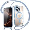 Pnakqil Magnetica Cover con Cordino per iPhone 16 Pro Max, Compatibile con Magsafe Ricarica Wireless, Trasparente Placcatura Disegno Custodia con Collana Laccio Tracolla per iPhone 16 Pro Max, Azzurro