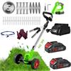 FISIYINDZ Decespugliatore elettrico con bordo, taglio bordo senza fili con batteria da 21 V con 2 batterie da 2,0 Ah e 1 caricatore rapido e 4 tipi di lame e ruote per giardino e cortile