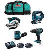 JG todotaladros MAKITA Kit MK404 (Trapano a Percussione DHP482 + Sega Circolare DSS610 + Seghetto Alternativo DJV182 + Levigatrice Orbitale DBO180 + 2 Batterie 5,0 Ah + Caricabatterie + LXT600)
