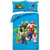 Halantex Super Mario con Luigi Toad Bowser e Yoshi - Set di biancheria da letto Copripiumino 140 x 200 cm + Federa 70x90cm - Reversibile - 100% Poliestere - Blu