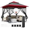 LIFERUN Gazebo pieghevole 3,3x3,3 m, con 4 pannelli laterali in zanzariera, One Push tenda con doppio tetto, Gazebo impermeabile da giardino 4 PCS sacchi di sabbia, per mercato/campeggio, Rosso Grigio
