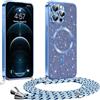 Phoona Glitter Cover per iPhone 12 Pro Max 6,7 con Cordino, Antiurto Silicone Protezione, Compatibile con MagSafe Cover con Cordino, Anti Graffi, Non Ingiallente, Blu