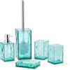 YAUKPH Set di accessori da bagno in acrilico trasparente, antiruggine, design trasparente, include dispenser di sapone, portaspazzolino, tazza, portasapone e scopino per WC, 5 pezzi (blu foglia di tè)