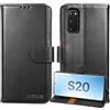 Lensun Cover in Pelle Vera per Samsung Galaxy S20- Nero | Custodia in Vera Pelle [Supporto Stand] Libro con Portafoglio Chiusura Magnetico Flip Custodie Cuoio